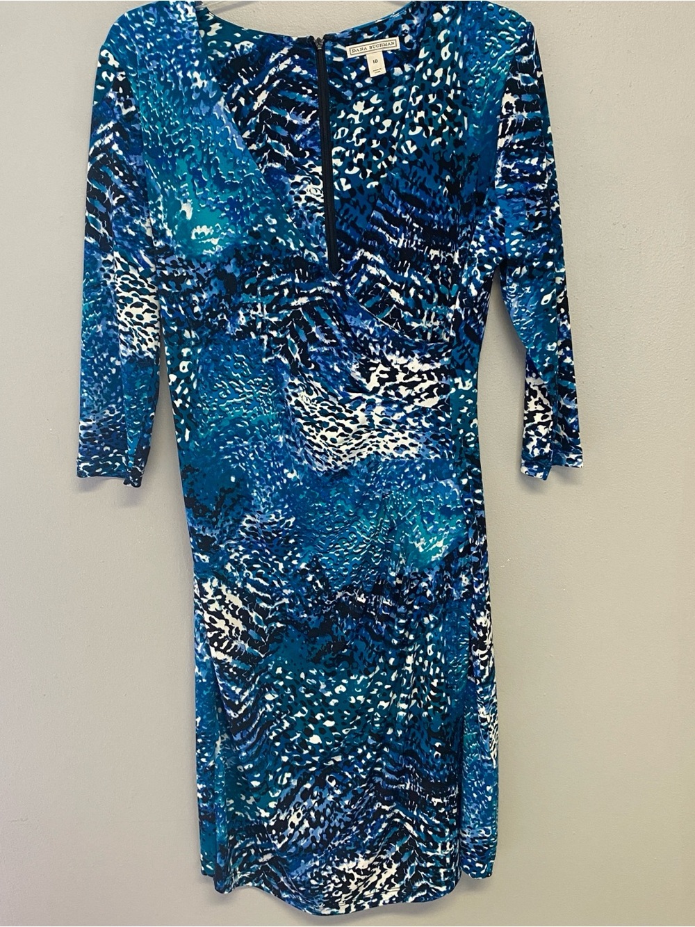 Dana Buchman Blue Teal Printed 3/4 Sleeve Sheath Dress